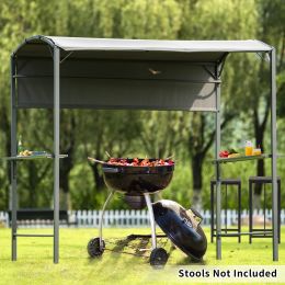 Outdoor 7Ft.Wx4.5Ft.L Iron Double Tiered Backyard Patio BBQ Grill Gazebo with Side Awning; Bar Counters and Hooks; Gray