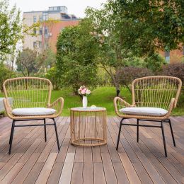 Balcony Furniture;  3 Piece Patio Set;  Outdoor Wicker Chairs with Glass Top Table and Soft Cushion;  Rattan Front Porch Furniture