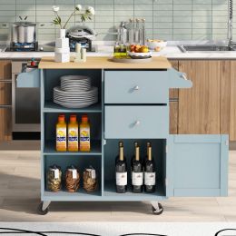 K&K Store Kitchen Cart on 4 Wheels with 2 Drawers and 3 Open Shelves; Kitchen Island with Rubber Wood top for Dinning Room; Grey Blue