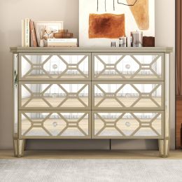 Elegant Mirrored 6-Drawer Dresser with Golden Lines for Living Room; Bedroom