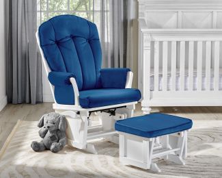 Victoria Glider and Ottoman White Wood and Navy Fabric