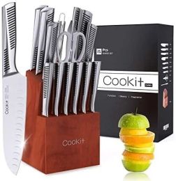 Kitchen Knife Set; 15 Piece Knife Sets with Block Chef Knife Stainless Steel Hollow Handle Cutlery with Manual Sharpener