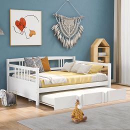 Full Size Daybed Wood Bed with Twin Size Trundle; White