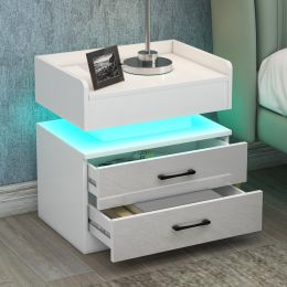 Nightstand with 2 Drawers; USB Charging Ports and Remote Control LED Light-White