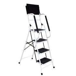 Foldable 4-Step Home Improvement Ladder; Portable Step Stool with Safety Grabs Non-Slip Wide Steps and Tool Bag; 500 Lbs Capacity