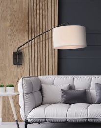 ART+LIGHT Adjustable Sconce; Wall Mount Light with Telescopic Swing Arm; Matte Black Finish with 2 Linen Shades Included