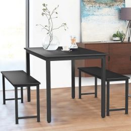 Modern 3 Pieces Dining Room Table Set with Two Benches; 3 Pieces Farmhouse Kitchen Table Set with Metal Frame and MDF Board; Small Dining Table Furnit