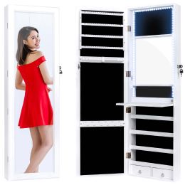 Mirrored Jewelry Wardrobe for Door or Wall Mount with LED Lights; Cosmetic Tray; Lock