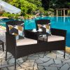 Patio Rattan Conversation Set Loveseat Sofa Cushioned Coffee Table Mix Brown