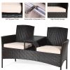 Patio Rattan Conversation Set Loveseat Sofa Cushioned Coffee Table Mix Brown