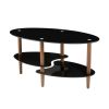 Black Oval glass coffee table; modern table in living room Oak wood leg tea table 3-layer glass table