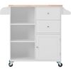 K&K Store Kitchen Cart on 4 Wheels with 2 Drawers and 3 Open Shelves; Kitchen Island with Rubber Wood top for Dinning Room; White