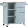 K&K Store Kitchen Cart on 4 Wheels with 2 Drawers and 3 Open Shelves; Kitchen Island with Rubber Wood top for Dinning Room; Grey Blue