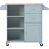 K&K Store Kitchen Cart on 4 Wheels with 2 Drawers and 3 Open Shelves; Kitchen Island with Rubber Wood top for Dinning Room; Grey Blue