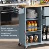 K&K Store Kitchen Cart on 4 Wheels with 2 Drawers and 3 Open Shelves; Kitchen Island with Rubber Wood top for Dinning Room; Grey Blue