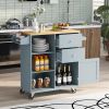 K&K Store Kitchen Cart on 4 Wheels with 2 Drawers and 3 Open Shelves; Kitchen Island with Rubber Wood top for Dinning Room; Grey Blue