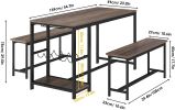 Dining table for 4; industrial dining table with bench; wooden dining table with wine rack and glass shelf; dark brown