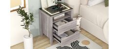 Multifunctional Storage Nightstand with 2 Drawers and an open shelf; Wireless Charging with adjustable LED; Brown