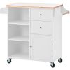 K&K Store Kitchen Cart on 4 Wheels with 2 Drawers and 3 Open Shelves; Kitchen Island with Rubber Wood top for Dinning Room; White