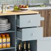 K&K Store Kitchen Cart on 4 Wheels with 2 Drawers and 3 Open Shelves; Kitchen Island with Rubber Wood top for Dinning Room; Grey Blue