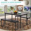 Modern 3 Pieces Dining Room Table Set with Two Benches; 3 Pieces Farmhouse Kitchen Table Set with Metal Frame and MDF Board; Small Dining Table Furnit