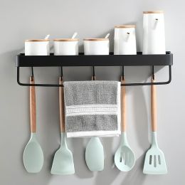 Black Hook Frame Wall-mounted Kitchen Shelf Hanging Rod Space Aluminum Hanger Storage Rack Home Condiment Rack (size: 60CM)