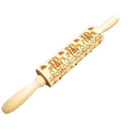 Wooden Christmas Rolling Pins Rock Snowflake Elk Embossing Baking Tool Cookies Biscuit Fondant Cake Patterned Roller (Color: Small elk)