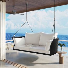 51.9' 2-Person Hanging Seat; Rattan Woven Swing Chair; Porch Swing With Ropes (Color: Black White)