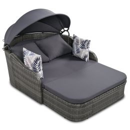 79.9" Outdoor Sunbed with Adjustable Canopy; Double lounge; PE Rattan Daybed; White Wicker; Gray Cushion (Color: gray)