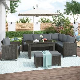 Patio Furniture Set; 6 Piece Outdoor Conversation Set; Dining Table Chair with Bench and Cushions (Color: gray)