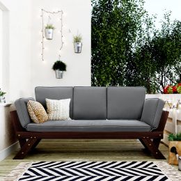 Outdoor Adjustable Patio Wooden Daybed Sofa Chaise Lounge with Cushions for Small Places; Brown Finish+Beige Cushion (Color: gray)