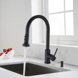 Stainless Steel Pull Down Kitchen Faucet with Soap Dispenser (Color: Matte Black)