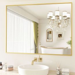 24"x36" Bathroom Wall Mirror with Rectangular Metal Frame; Black (Color: Gold, Material: wood, mirror)