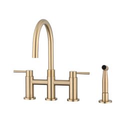 Double Handle Bridge Kitchen Faucet with Side Spray (Color: Brushed Gold)