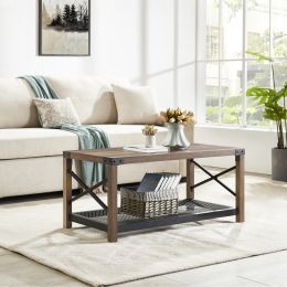 38.82" Farmhouse Coffee Table;  2-Tier Cocktail Table;  Center Table with Mesh Shelf;  Steel Frame;  Corner Protection;  Industrial Style;  Long Table (Color: Brown)