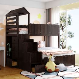 Stairway Twin Over Full Bunk Bed;  House Bed with Two Shelves and Seven Drawers (Color: Espresso)