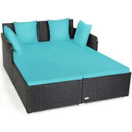 Spacious Outdoor Rattan Daybed with Upholstered Cushion (Color: Turquoise)