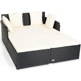 Spacious Outdoor Rattan Daybed with Upholstered Cushion (Color: White)