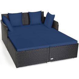 Spacious Outdoor Rattan Daybed with Upholstered Cushion (Color: Navy)