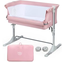 Portable Baby Bed Side Sleeper Infant Travel Bassinet Crib W/Carrying Bag (Color: Pink, Material: Aluminum + Linen Fabric)