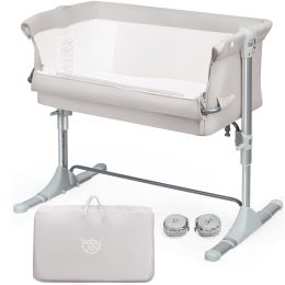 Portable Baby Bed Side Sleeper Infant Travel Bassinet Crib W/Carrying Bag (Color: Beige, Material: Aluminum + Linen Fabric)