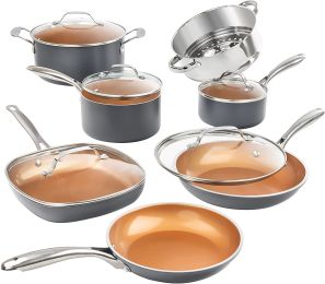 12 Piece Cookware Set; Non-Stick Copper Coating; Includes Skillets; Frying Pans and Stock Pots; Dishwasher and Oven Safe; Graphite (Color: gray, Material: Ceramic)