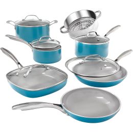 12 Piece Cookware Set; Non-Stick Copper Coating; Includes Skillets; Frying Pans and Stock Pots; Dishwasher and Oven Safe; Graphite (Color: Aqua Blue, Material: Ceramic)