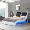 Faux Leather Upholstered Platform Bed Frame with led lighting; Bluetooth connection to play music  RGB control; Backrest vibration massage; Curve Desi