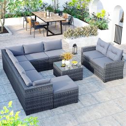 9-piece Outdoor Patio Large Wicker Sofa Set, Rattan Sofa set for Garden, Backyard,Porch and Poolside, Gray wicker (Color: gray)