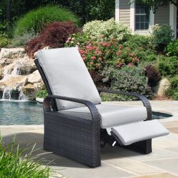 Outdoor Recliner Chair;  Automatic Adjustable Wicker Lounge Recliner Chair with 5.12'' Thicken Cushion (Color: gray, Material: Brown Wicker)