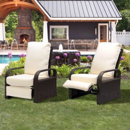 Outdoor Recliner Chair;  Automatic Adjustable Wicker Lounge Recliner Chair with 5.12'' Thicken Cushion (Color: Khaki, Material: Brown Wicker)