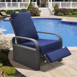 Outdoor Recliner Chair;  Automatic Adjustable Wicker Lounge Recliner Chair with 5.12'' Thicken Cushion (Color: Navy Blue, Material: Brown Wicker)